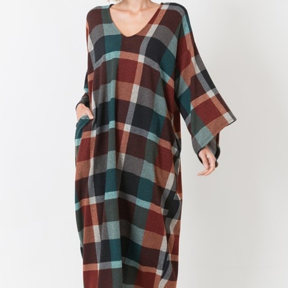 New Fall Minimalist Plaid Kimono Caftan Oversized Dress Large - Picture 2 of 4